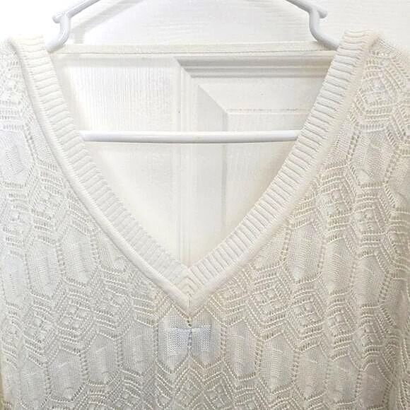 Finn Flare Large Women's Sweater Short Sleeve Cream Shear V-Neck Grandma Scandi - Picture 6 of 8